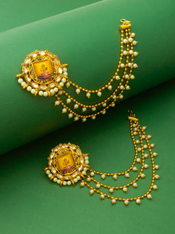 Aadita - Gold Plated Brass Kundan and Pearl Off White Drop Earrings with Hair Chain
