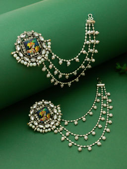 Aadita - Gold Plated Brass Kundan and Pearl White Drop Earrings with Hair Chain