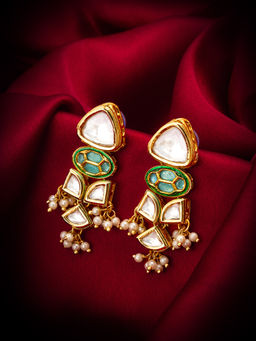 Aadita - Gold Plated Brass White Kundan and Pearl Statement Drop Earrings