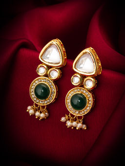 Aadita - Gold Plated Brass Green Kundan Statement Drop Earrings