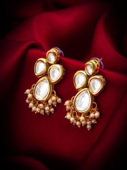 Aadita - Gold Plated Brass White Kundan and Pearl Drop Earrings