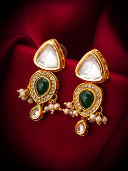 Aadita - Gold Plated Brass Green Kundan and Pearl Drop Earrings