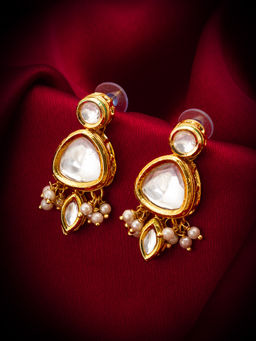 Aadita - Gold Plated Brass White Kundan and Pearl Drop Earrings