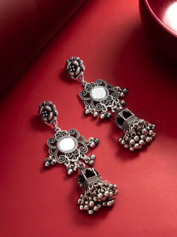 Aadita - Black Silver Plated Oxidised Alloy Navratri Design Drop Earrings