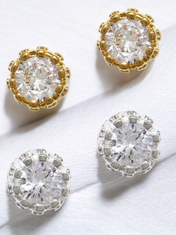 OOMPH - Combo Of 2 Silver and Gold Tone Round Crown Cubic Zirconia Ear Stud Earrings