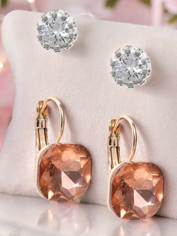 OOMPH - Combo of 2 Silver Crown Cubic Zirconia White & Gold Square Stud & Drop Earrings