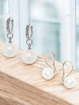 OOMPH - Combo Of 2 Gold and Silver Tone White Pearl Drop Earrings