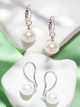 OOMPH - Combo Of 2 Silver Tone White Pearl Delicate Drop Earrings for Women