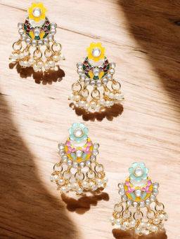 OOMPH - Combo Of 2 Yellow and Turquoise Firozi Blue Kundan and Meenakari Drop Earrings