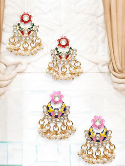 OOMPH - Combo Of 2 Pink and Red Kundan and Meenakari Drop Earrings - Floral Design