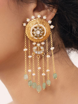 Joules By Radhika - White Polki-Pearl Sophisticated Green Earrings