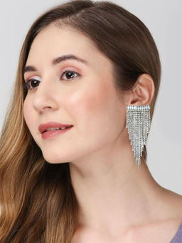 OOMPH - Silver Crystal Rainfall Tassels Statement Look Drop Earrings