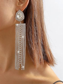OOMPH - Silver White Crystal Tassel Long Drop Earrings for Women