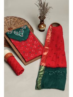 KISHORI - Women Printed Unstitched Cotton Kurta, Bottom & Dupatta Set Red & Green