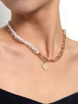 Yellow Chimes - White Gold-Plated Pearl Studded Layered Heart Shaped Necklace