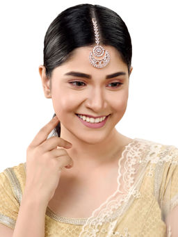 Saraf RS Jewellery - Rose Gold Plated Ad Studded Half Moon Shaped Handcrafted Maang Tika