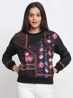 SHAYE - Black Round Neck Floral Sweatshirt