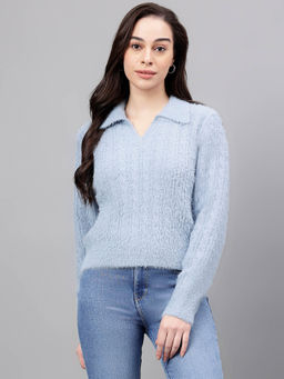Xpose - Blue Polo Collar Long Sleeves Pullover Sweater