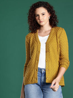 CAYMAN - Mustard Cable Knit V-Neck Woollen Cardigan