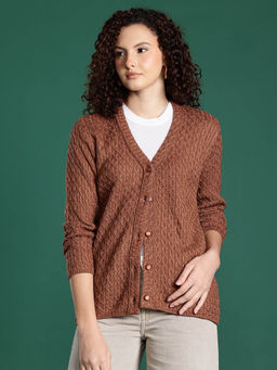 CAYMAN - Rust Cable Knit V-Neck Woollen Cardigan