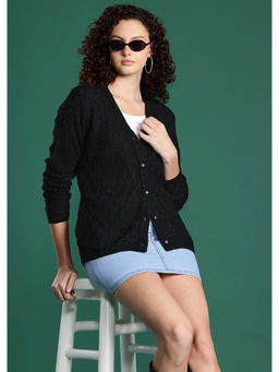 CAYMAN - Black Cable Knit V-Neck Woollen Cardigan