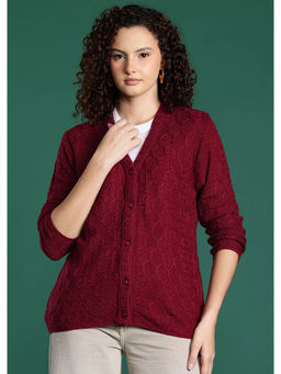 CAYMAN - Maroon Cable Knit V-Neck Woollen Cardigan