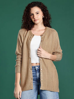 CAYMAN - Beige Cable Knit Round Neck Cardigan