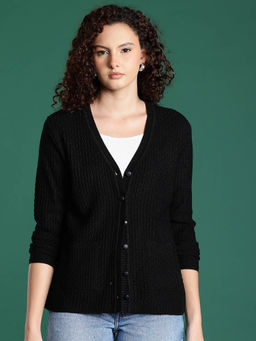CAYMAN - Black Cable Knit V-Neck Button-Down Cardigan