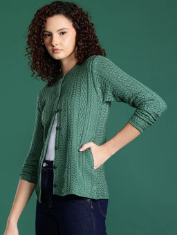 CAYMAN - Green Cable Knit Round Neck Cardigan