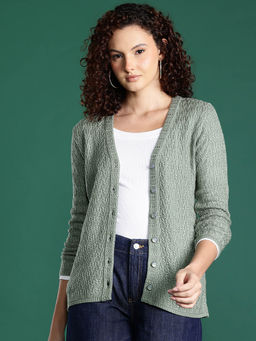 CAYMAN - Green Cable Knit Woollen Cardigan