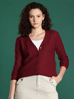 CAYMAN - Maroon Cable Knit Woollen Cardigan