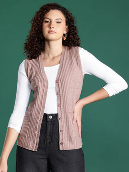 CAYMAN - Mauve Cable Knit Sleeveless Woollen Cardigan