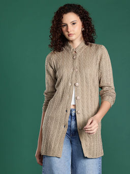 CAYMAN - Beige Cable Knit Woollen Longline Cardigan