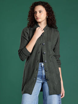 CAYMAN - Green Cable Knit Woollen Longline Cardigan