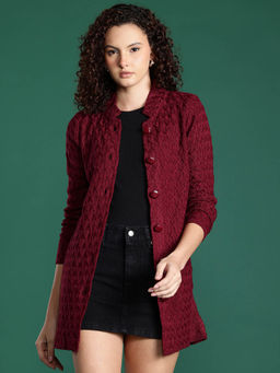 CAYMAN - Maroon Cable Knit Woollen Longline Cardigan