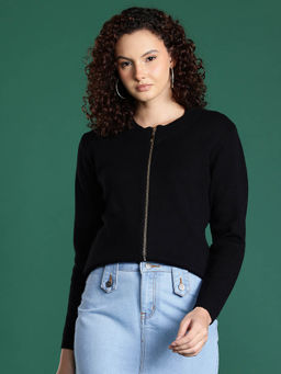 CAYMAN - Black Solid Round Neck Woollen Cardigan