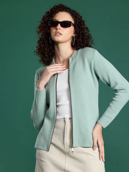 CAYMAN - Green Solid Round Neck Woollen Cardigan