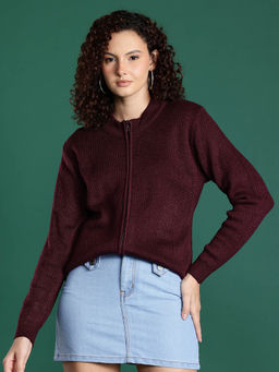 CAYMAN - Maroon Cable Knit Round Neck Zipper Cardigan