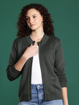 CAYMAN - Green Cable Knit Round Neck Zipper Cardigan