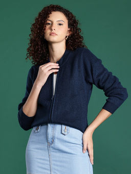 CAYMAN - Navy Blue Cable Knit Round Neck Zipper Cardigan