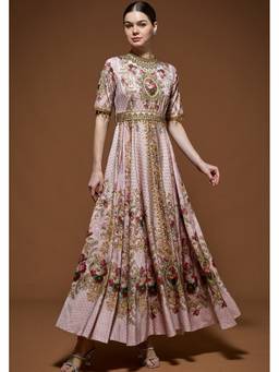 Nirraamyaa - Light Pink Half Sleeve Flared Ethnic Dress with Belt