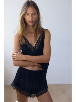 H&M - Women Black Lace-Trimmed Viscose-Blend Top And Shorts