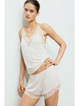 H&M - Women Beige Lace-Trimmed Viscose-Blend Top And Shorts