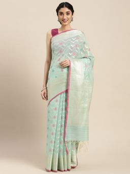 Banarasi Silk Works - Sea Green Masrise Cotton Tilfi Jaal Zari Border Saree with Unstitched Blouse