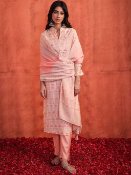 Indya - Pink Batik Print Muslin Kurta With Pants And Dupatta (Set of 3)