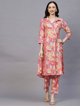 FASHOR - Floral Foil Printed Panelled A-line Kurta With Pant (Set of 2)