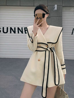 MISS MOSA BY AKANKSHA - Beige Disbo Oversized Woolen Overcoat with Belt (Set of 2)