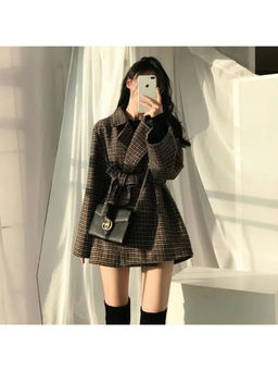 MISS MOSA BY AKANKSHA - Brown Harriet Plaid Woolen Overcoat with Belt (Set of 2)