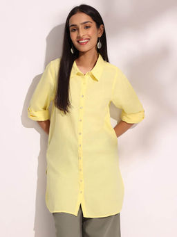 Fabindia - Women Yellow Solid Collared Full Sleeves Long Shirt