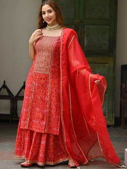 Lavanya The Label - Red Cotton Bandhni Print Sharara (Set of 3)